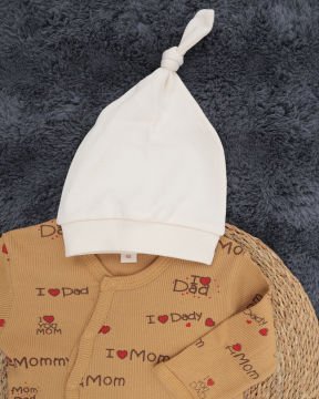 I Love Dad & Mom Baskılı Bebek Tulum – %100 Pamuk + Şapka Hediyeli Kahve - 0-3 Ay