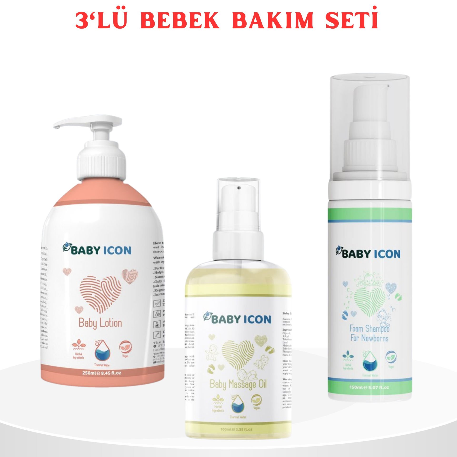 3'lü Bebek Bakım Seti / Köpük Şampuan / Masaj Yağı / Yüz ve Vücut Nemlendirici Losyon