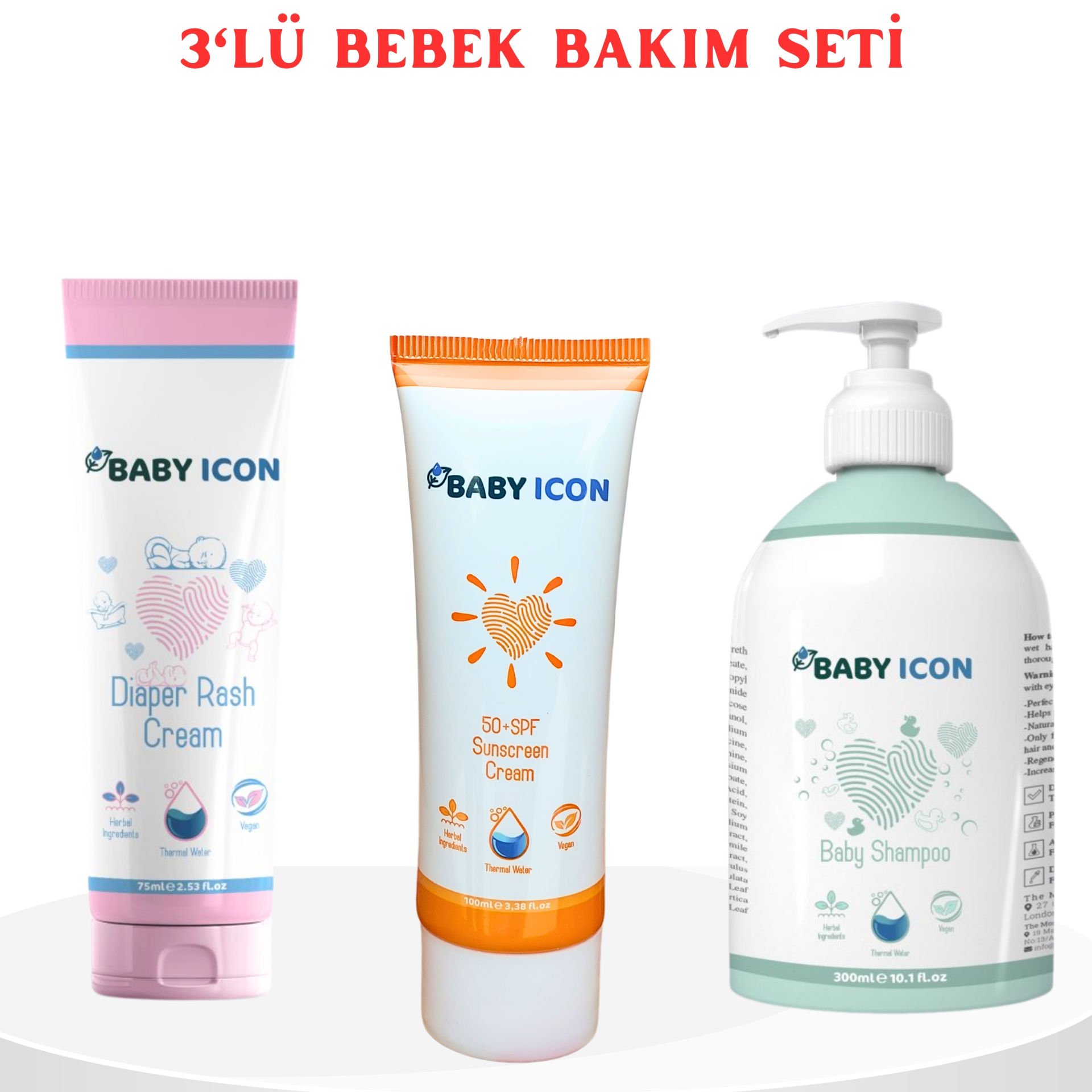 3'lü Bebek Bakım Seti / Pişik Kremi / Güneş Kremi / Saç ve Vücut Şampuanı