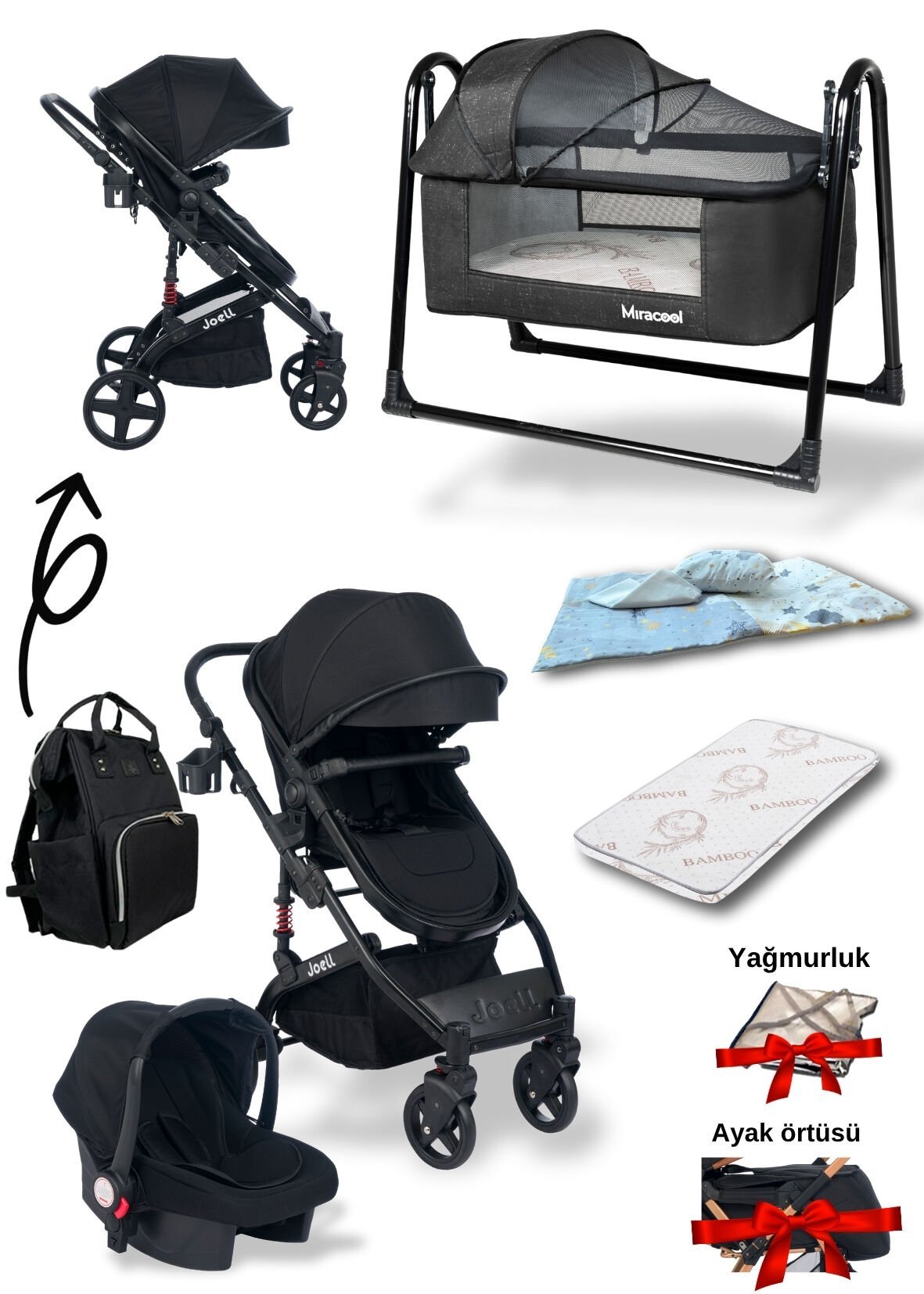 8'li Set / Joell Truva Travel Sistem Bebek Arabası / Puset / Loft Beşik / Yatak / Çanta / 3'lü Nevresim