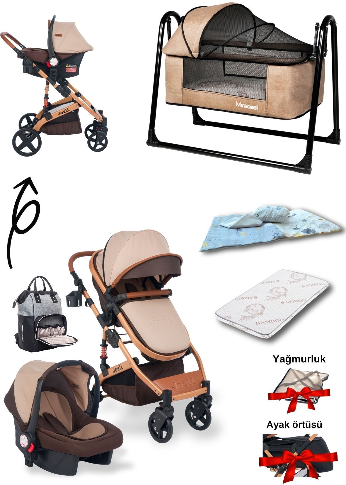 8'li Set / Joell Truva Travel Sistem Bebek Arabası / Puset / Loft Beşik / Yatak / Çanta / 3'lü Nevresim Gold Kahve