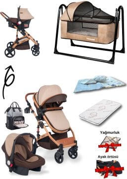 8'li Set / Joell Truva Travel Sistem Bebek Arabası / Puset / Loft Beşik / Yatak / Çanta / 3'lü Nevresim Gold Kahve
