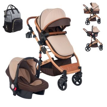 8'li Set / Joell Truva Travel Sistem Bebek Arabası / Puset / Loft Beşik / Yatak / Çanta / 3'lü Nevresim Gold Kahve