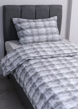 Tek Kişilik Nevresim Takımı Kareli / Nevresim + Lastikli Çarşaf + Yastık Kılıfı Gri