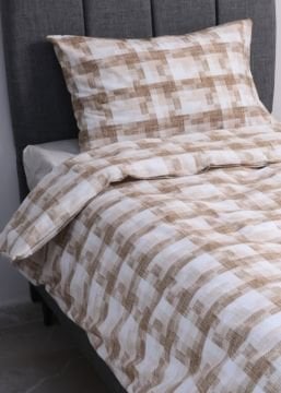 Tek Kişilik Nevresim Takımı Kareli / Nevresim + Lastikli Çarşaf + Yastık Kılıfı Kahve