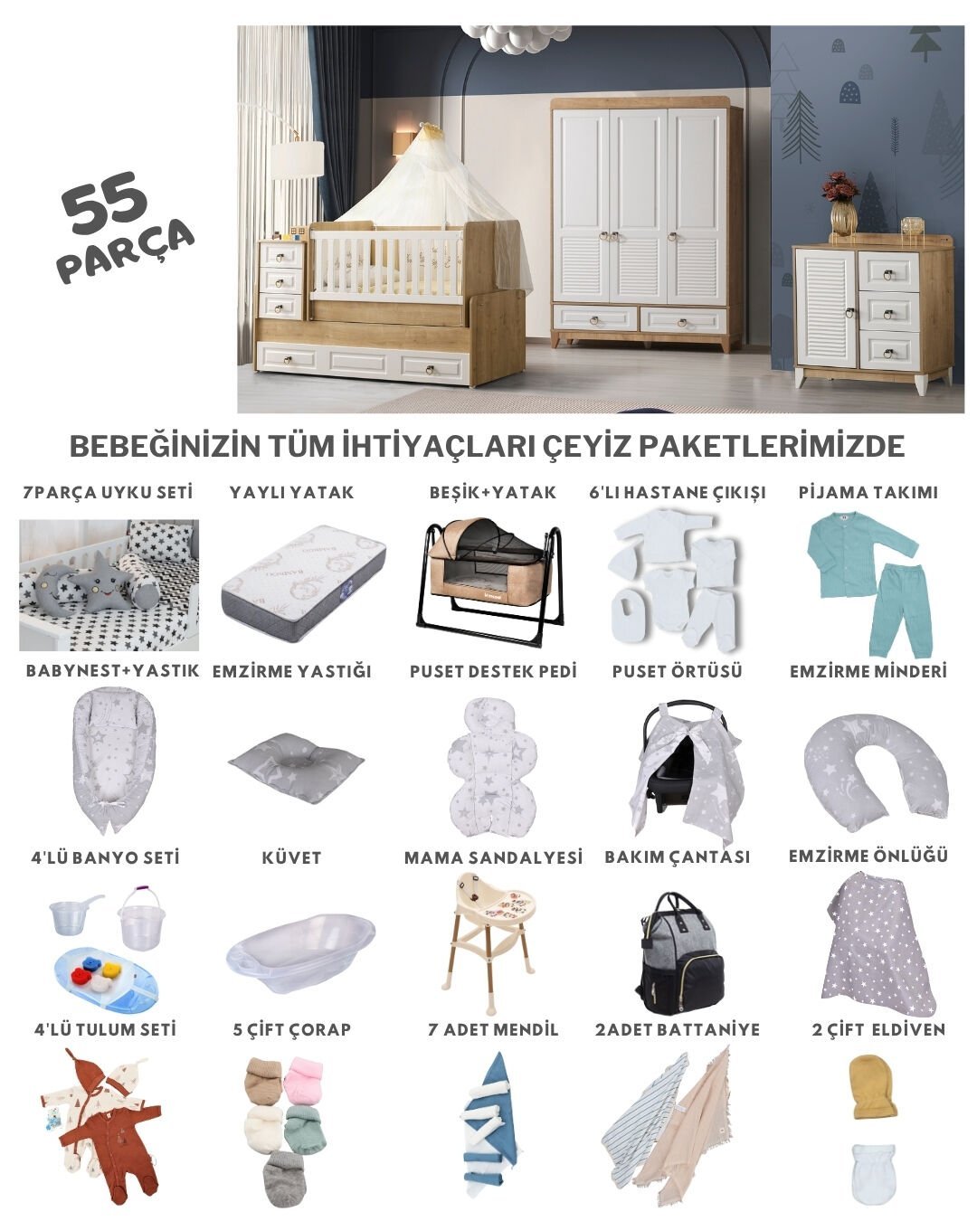 Esla Büyüyen Beşikli Bebek Çeyiz Paketi