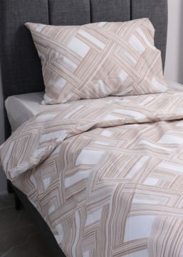 Tek Kişilik Nevresim Takımı Çizgili / Nevresim + Lastikli Çarşaf + Yastık Kılıfı Bej