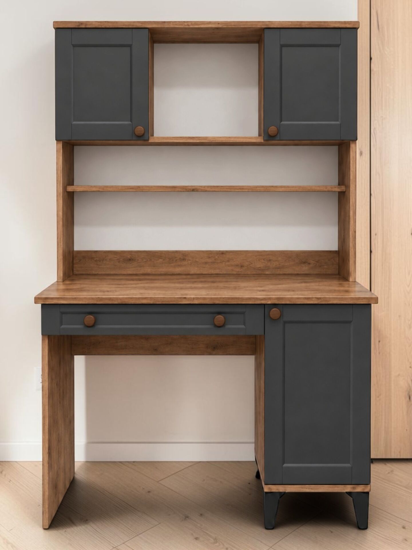 Loren Kitaplıklı Çalışma Masası / Komple MDF / Çam-Antrasit