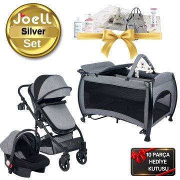 Joell Silver Bebek Seti / Truva Bebek Arabası / Silver Park Beşik / 10 Parça Hediye Kutusu