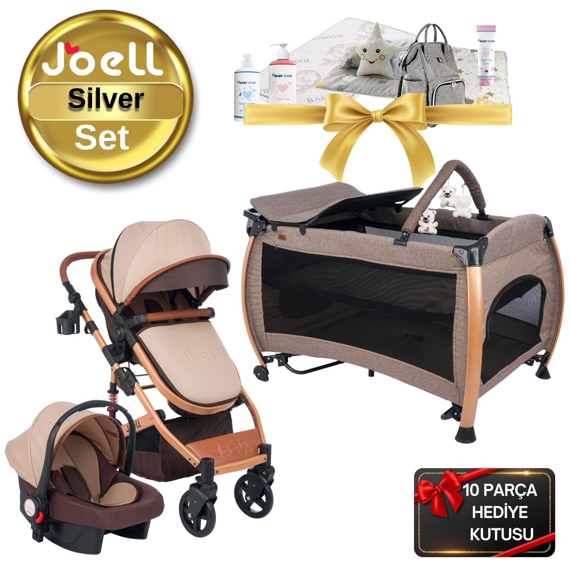 Joell Silver Bebek Seti / Truva Bebek Arabası / Silver Park Beşik / 10 Parça Hediye Kutusu