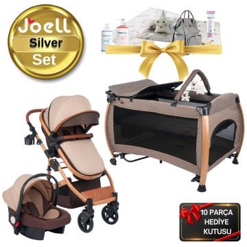 Joell Silver Bebek Seti / Truva Bebek Arabası / Silver Park Beşik / 10 Parça Hediye Kutusu