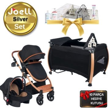 Joell Silver Bebek Seti / Truva Bebek Arabası / Silver Park Beşik / 10 Parça Hediye Kutusu