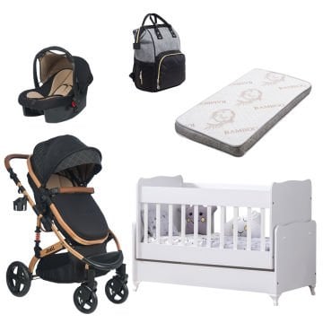 5'li Set- Joell Bebek Arabası & Puset & Enjoy Beşik & Yatak  & Çanta Füme