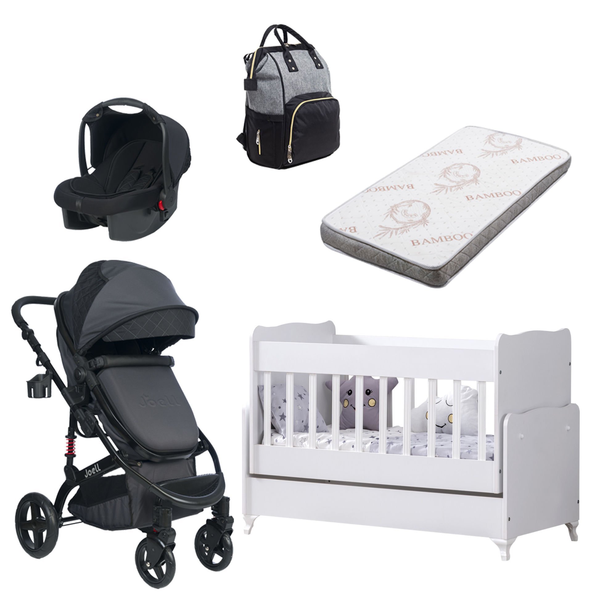 5'li Set- Joell Bebek Arabası & Puset & Enjoy Beşik & Yatak  & Çanta Füme