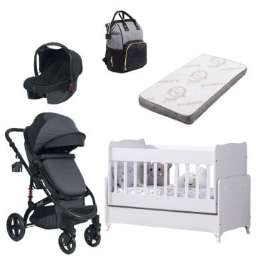 5'li Set- Joell Bebek Arabası & Puset & Enjoy Beşik & Yatak  & Çanta Füme