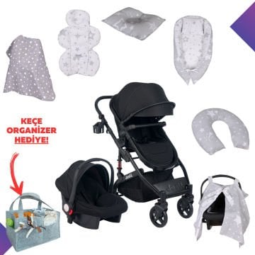10'lu Bebek Seti / Joell Truva Travel Sistem Bebek Arabası / Puset / 7'li Tekstil Seti / Keçe Organizer Hediye!