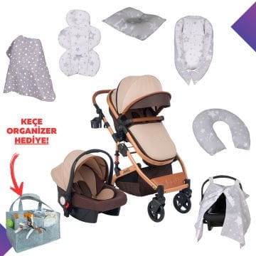 10'lu Bebek Seti / Joell Truva Travel Sistem Bebek Arabası / Puset / 7'li Tekstil Seti / Keçe Organizer Hediye!