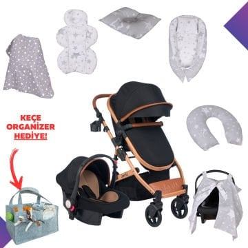 10'lu Bebek Seti / Joell Truva Travel Sistem Bebek Arabası / Puset / 7'li Tekstil Seti / Keçe Organizer Hediye!