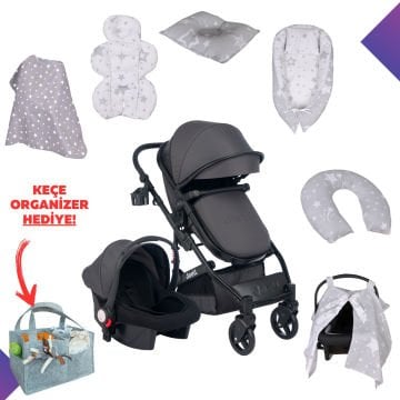10'lu Bebek Seti / Joell Truva Travel Sistem Bebek Arabası / Puset / 7'li Tekstil Seti / Keçe Organizer Hediye!