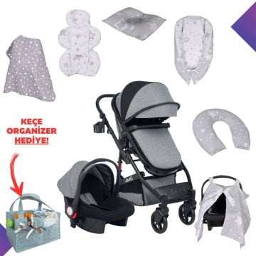 10'lu Bebek Seti / Joell Truva Travel Sistem Bebek Arabası / Puset / 7'li Tekstil Seti / Keçe Organizer Hediye!