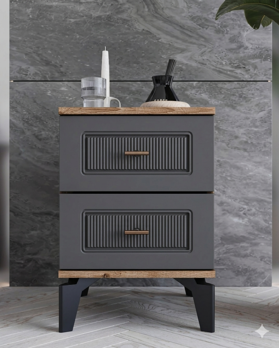 Libra 2 Çekmeceli Komodin / Komple MDF / Antrasit