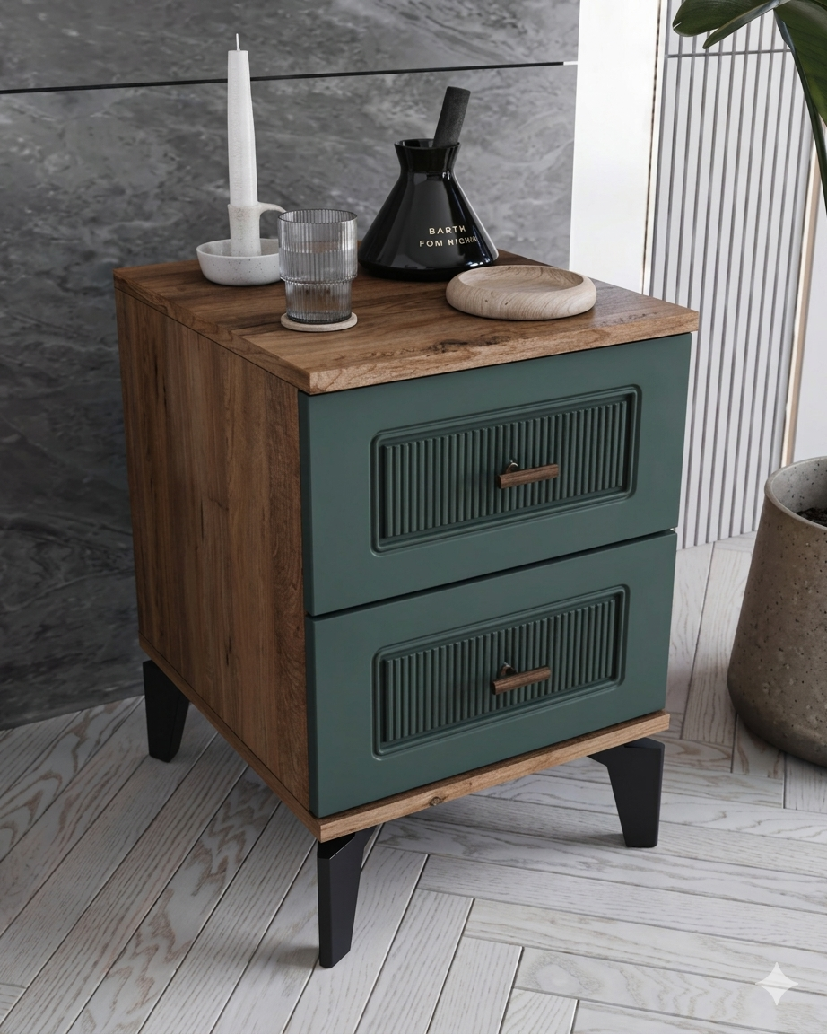 Libra 2 Çekmeceli Komodin  / Komple MDF / Haki Yeşil