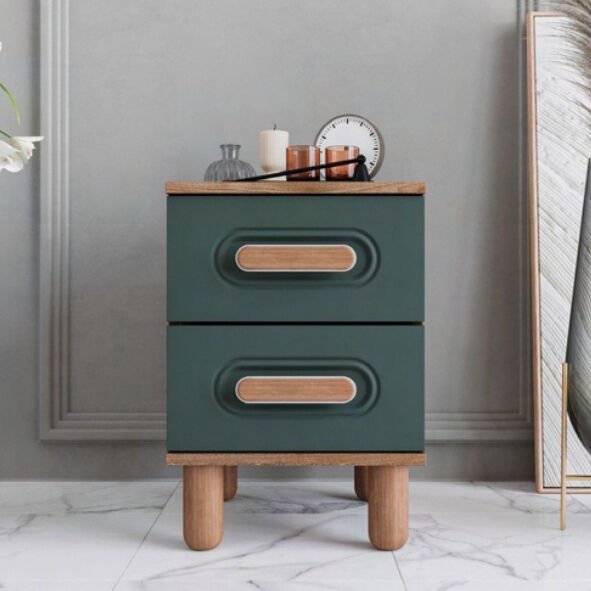 Otto 2 Çekmeceli Komodin/ Komple MDF / Haki Yeşil