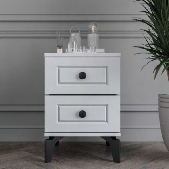 Panjur 2 Çekmeceli Komodin / Komple MDF / Beyaz