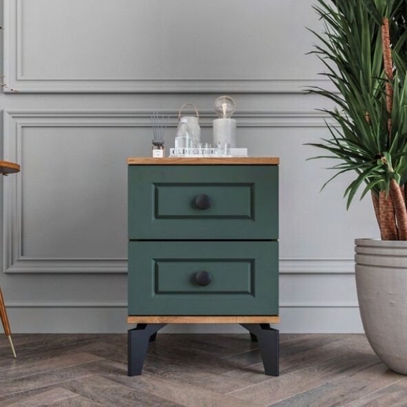 Panjur 2 Çekmeceli Komodin / Komple MDF / Haki Yeşil