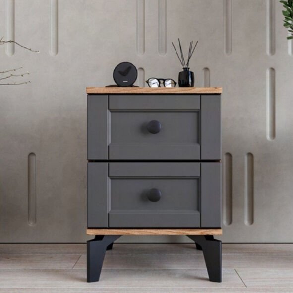 Silva 2 Çekmeceli Komodin / Komple MDF / Antrasit