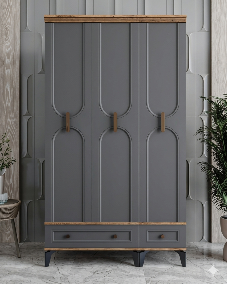 Loren 3 Kapılı Dolap  / Komple MDF / Antrasit