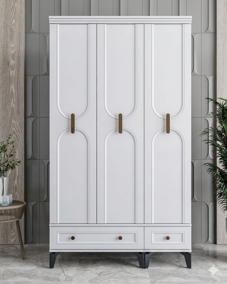 Loren 3 Kapılı Dolap  / Komple MDF / Beyaz