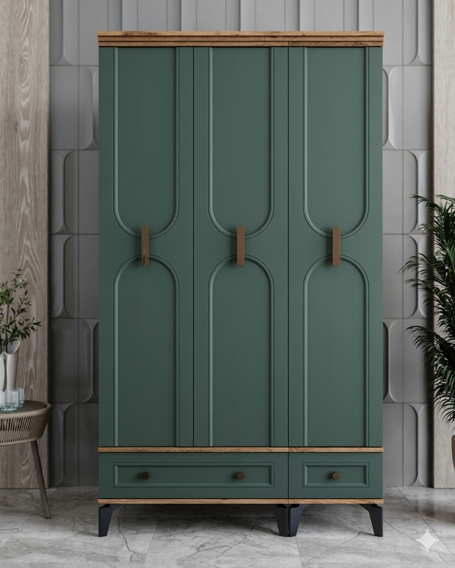 Loren 3 Kapılı Dolap  / Komple MDF / Haki Yeşil