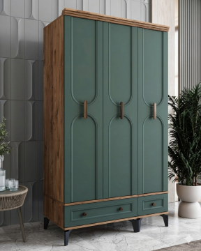 Loren 3 Kapılı Dolap  / Komple MDF / Haki Yeşil