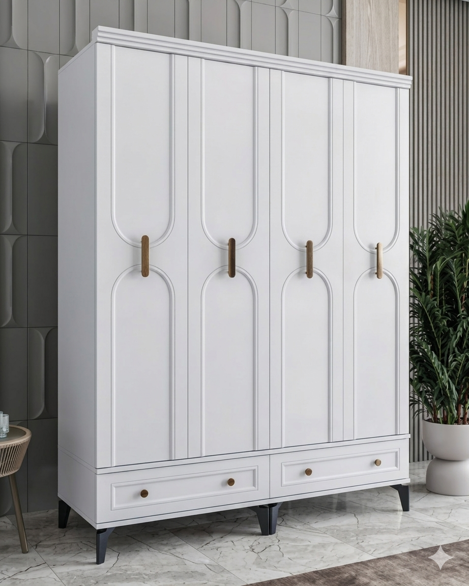 Loren 4 Kapılı Dolap / Komple MDF / Beyaz