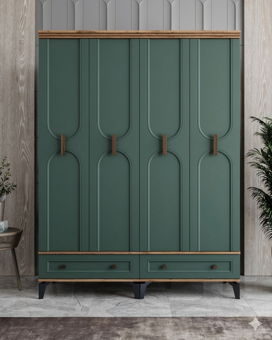 Loren 4 Kapılı Dolap / Komple MDF / Haki Yeşil
