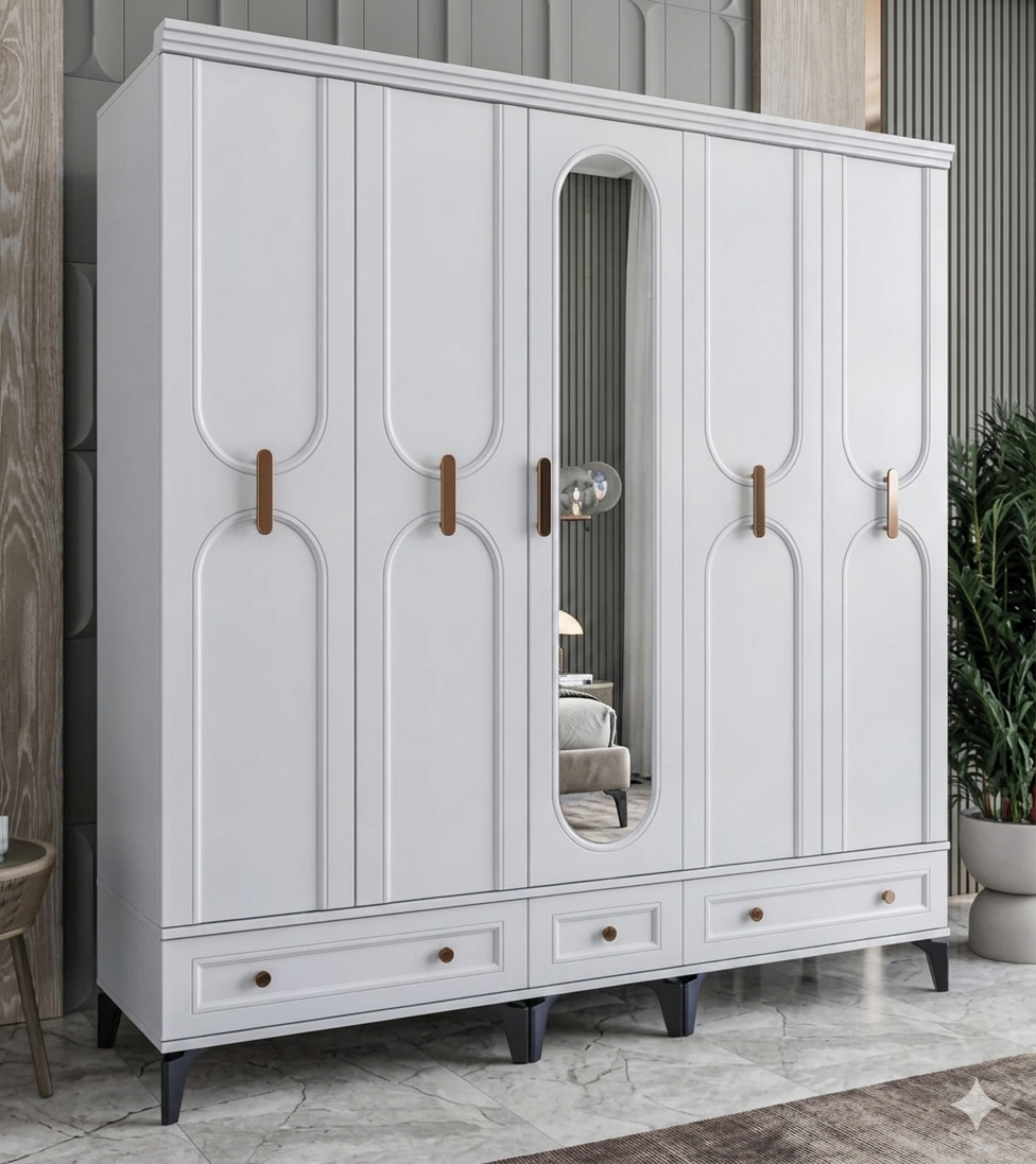 Loren 5 Kapılı Dolap / Komple MDF / Beyaz