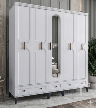 Loren 5 Kapılı Dolap / Komple MDF / Beyaz