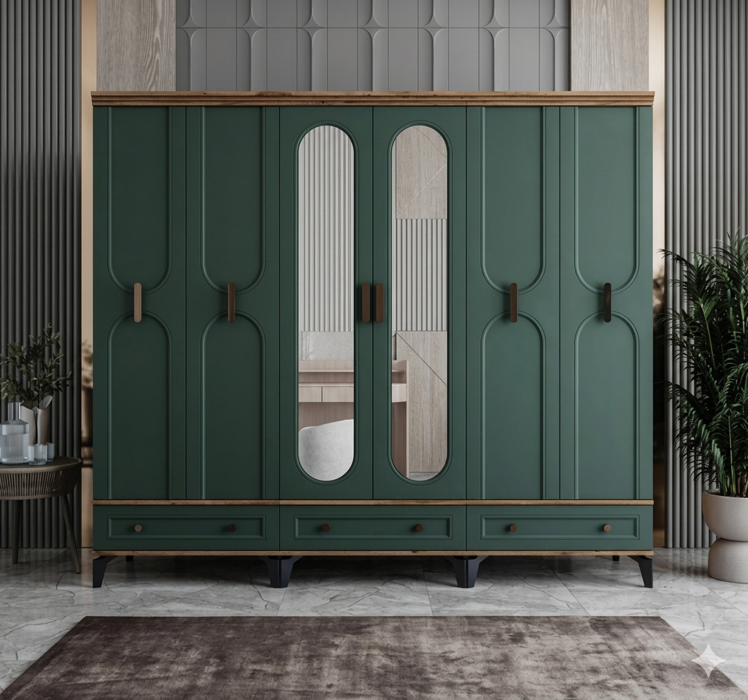 Loren 6 Kapılı Dolap / Komple MDF / Haki Yeşil