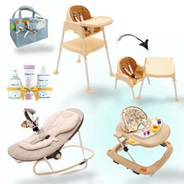 8'li Bebek İhtiyaç Seti / Çalışma Masalı Mama Sandalyesi / Ana Kucağı / Yürüteç / Keçe Organizer / Şampuan / Pişik Kremi / Temizleyici