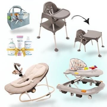 8'li Bebek İhtiyaç Seti / Çalışma Masalı Mama Sandalyesi / Ana Kucağı / Yürüteç / Keçe Organizer / Şampuan / Pişik Kremi / Temizleyici