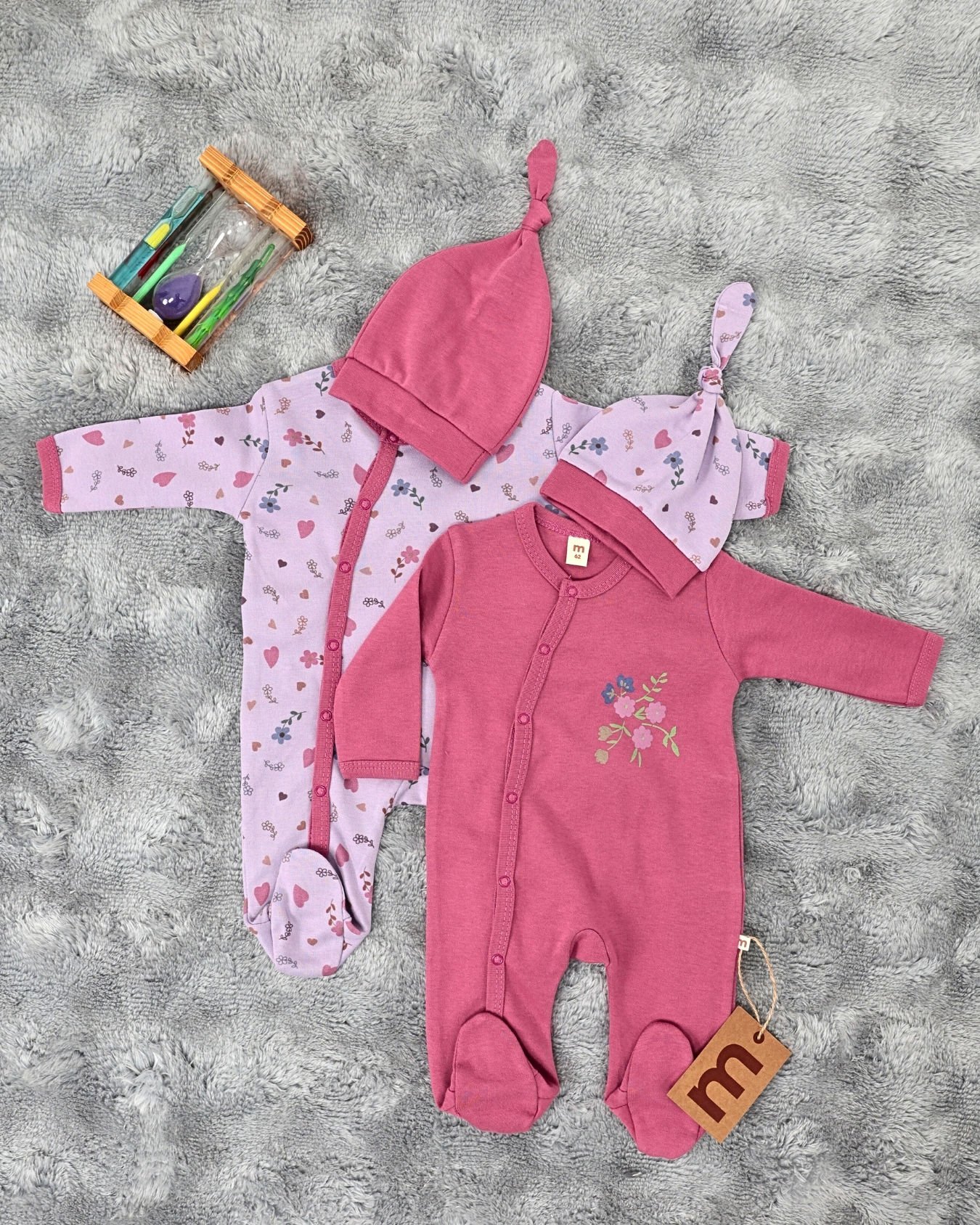 2'li Bebek Tulum Seti / &100 Pamuk / 2 Adet Şapka Hediye / Pembe Çiçekli