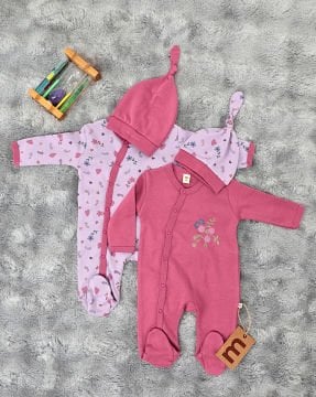 2'li Bebek Tulum Seti / &100 Pamuk / 2 Adet Şapka Hediye / Pembe Çiçekli