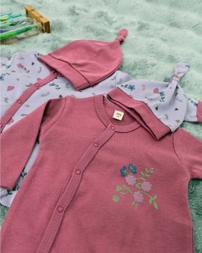 2'li Bebek Tulum Seti / &100 Pamuk / 2 Adet Şapka Hediye / Pembe Çiçekli