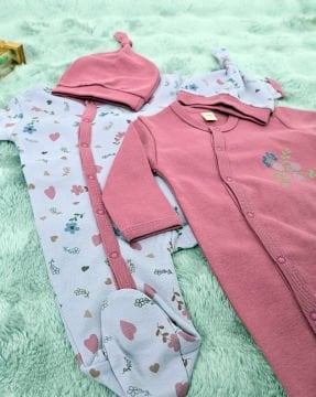 2'li Bebek Tulum Seti / &100 Pamuk / 2 Adet Şapka Hediye / Pembe Çiçekli