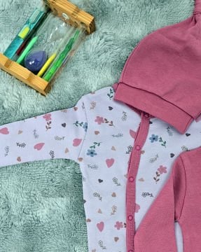 2'li Bebek Tulum Seti / &100 Pamuk / 2 Adet Şapka Hediye / Pembe Çiçekli