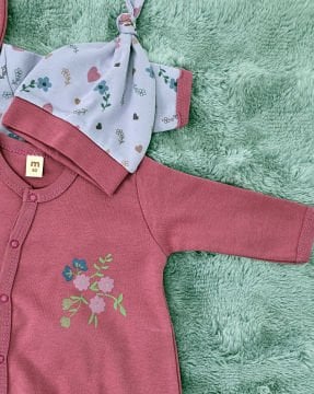 2'li Bebek Tulum Seti / &100 Pamuk / 2 Adet Şapka Hediye / Pembe Çiçekli