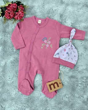 2'li Bebek Tulum Seti / &100 Pamuk / 2 Adet Şapka Hediye / Pembe Çiçekli