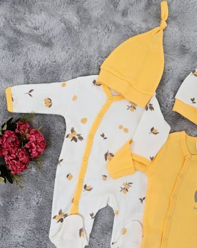 2'li Bebek Tulum Seti / &100 Pamuk / 2 Adet Şapka Hediye / Limon