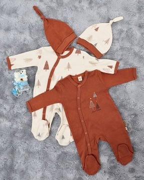 2'li Bebek Tulum Seti / &100 Pamuk / 2 Adet Şapka Hediye / Ağaç